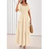 imagePRETTYGARDEN Summer Dresses for Women 2026 Boho Maxi Smocked Spring Wedding Guest Square Neck Short Sleeve Swiss Dot DressBeige