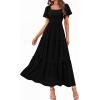 imagePRETTYGARDEN Summer Dresses for Women 2026 Boho Maxi Smocked Spring Wedding Guest Square Neck Short Sleeve Swiss Dot DressBlack