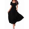 imagePRETTYGARDEN Summer Dresses for Women 2026 Boho Maxi Smocked Spring Wedding Guest Square Neck Short Sleeve Swiss Dot DressBlack
