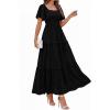 imagePRETTYGARDEN Summer Dresses for Women 2026 Boho Maxi Smocked Spring Wedding Guest Square Neck Short Sleeve Swiss Dot DressBlack