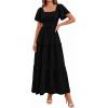 imagePRETTYGARDEN Summer Dresses for Women 2026 Boho Maxi Smocked Spring Wedding Guest Square Neck Short Sleeve Swiss Dot DressBlack