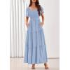 imagePRETTYGARDEN Summer Dresses for Women 2026 Boho Maxi Smocked Spring Wedding Guest Square Neck Short Sleeve Swiss Dot DressLight Blue