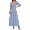 imagePRETTYGARDEN Summer Dresses for Women 2026 Boho Maxi Smocked Spring Wedding Guest Square Neck Short Sleeve Swiss Dot DressLight Blue