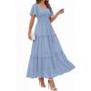 imagePRETTYGARDEN Summer Dresses for Women 2026 Boho Maxi Smocked Spring Wedding Guest Square Neck Short Sleeve Swiss Dot DressLight Blue