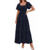 imagePRETTYGARDEN Summer Dresses for Women 2026 Boho Maxi Smocked Spring Wedding Guest Square Neck Short Sleeve Swiss Dot DressNavy Blue