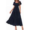 imagePRETTYGARDEN Summer Dresses for Women 2026 Boho Maxi Smocked Spring Wedding Guest Square Neck Short Sleeve Swiss Dot DressNavy Blue