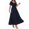 imagePRETTYGARDEN Summer Dresses for Women 2026 Boho Maxi Smocked Spring Wedding Guest Square Neck Short Sleeve Swiss Dot DressNavy Blue