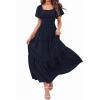 imagePRETTYGARDEN Summer Dresses for Women 2026 Boho Maxi Smocked Spring Wedding Guest Square Neck Short Sleeve Swiss Dot DressNavy Blue