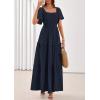 imagePRETTYGARDEN Summer Dresses for Women 2026 Boho Maxi Smocked Spring Wedding Guest Square Neck Short Sleeve Swiss Dot DressNavy Blue