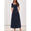 imagePRETTYGARDEN Summer Dresses for Women 2026 Boho Maxi Smocked Spring Wedding Guest Square Neck Short Sleeve Swiss Dot DressNavy Blue
