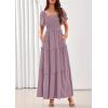 imagePRETTYGARDEN Summer Dresses for Women 2026 Boho Maxi Smocked Spring Wedding Guest Square Neck Short Sleeve Swiss Dot DressPurple