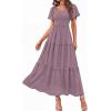 imagePRETTYGARDEN Summer Dresses for Women 2026 Boho Maxi Smocked Spring Wedding Guest Square Neck Short Sleeve Swiss Dot DressPurple