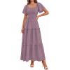 imagePRETTYGARDEN Summer Dresses for Women 2026 Boho Maxi Smocked Spring Wedding Guest Square Neck Short Sleeve Swiss Dot DressPurple