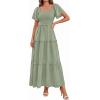 imagePRETTYGARDEN Summer Dresses for Women 2026 Boho Maxi Smocked Spring Wedding Guest Square Neck Short Sleeve Swiss Dot DressSage Green