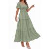 imagePRETTYGARDEN Summer Dresses for Women 2026 Boho Maxi Smocked Spring Wedding Guest Square Neck Short Sleeve Swiss Dot DressSage Green
