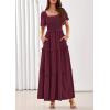 imagePRETTYGARDEN Summer Dresses for Women 2026 Boho Maxi Smocked Spring Wedding Guest Square Neck Short Sleeve Swiss Dot DressWine Red