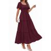 imagePRETTYGARDEN Summer Dresses for Women 2026 Boho Maxi Smocked Spring Wedding Guest Square Neck Short Sleeve Swiss Dot DressWine Red