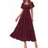 imagePRETTYGARDEN Summer Dresses for Women 2026 Boho Maxi Smocked Spring Wedding Guest Square Neck Short Sleeve Swiss Dot DressWine Red