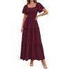 imagePRETTYGARDEN Summer Dresses for Women 2026 Boho Maxi Smocked Spring Wedding Guest Square Neck Short Sleeve Swiss Dot DressWine Red