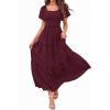 imagePRETTYGARDEN Summer Dresses for Women 2026 Boho Maxi Smocked Spring Wedding Guest Square Neck Short Sleeve Swiss Dot DressWine Red