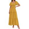 imagePRETTYGARDEN Summer Dresses for Women 2026 Boho Maxi Smocked Spring Wedding Guest Square Neck Short Sleeve Swiss Dot DressYellow