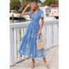 imagePRETTYGARDEN Summer Dresses for Women 2026 Floral Boho Maxi Spring Casual Short Sleeve V Neck Elastic Waist Dress PocketsLight Blue White Flower