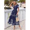 imagePRETTYGARDEN Summer Dresses for Women 2026 Floral Boho Maxi Spring Casual Short Sleeve V Neck Elastic Waist Dress PocketsNavy Blue White Flower