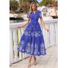 imagePRETTYGARDEN Summer Dresses for Women 2026 Floral Boho Maxi Spring Casual Short Sleeve V Neck Elastic Waist Dress PocketsRoyal Blue White Flower