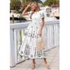imagePRETTYGARDEN Summer Dresses for Women 2026 Floral Boho Maxi Spring Casual Short Sleeve V Neck Elastic Waist Dress PocketsWhite Black Flower