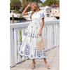 imagePRETTYGARDEN Summer Dresses for Women 2026 Floral Boho Maxi Spring Casual Short Sleeve V Neck Elastic Waist Dress PocketsWhite Blue Flower