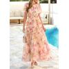 imagePRETTYGARDEN Tulle Floral Dress Women Summer Wedding Guest 2026 Spring Short Sleeve Maxi Smocked Flowy Beach Party DressesApricot Multi Floral