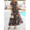 imagePRETTYGARDEN Tulle Floral Dress Women Summer Wedding Guest 2026 Spring Short Sleeve Maxi Smocked Flowy Beach Party DressesArmy Green Pink Floral