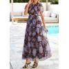 imagePRETTYGARDEN Tulle Floral Dress Women Summer Wedding Guest 2026 Spring Short Sleeve Maxi Smocked Flowy Beach Party DressesBrown Blue Floral
