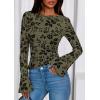 imagePRETTYGARDEN Women Long Sleeve Floral Mesh Tops Blouse 2026 Fall Trendy Boat Neck Ruched Spring Shirt Going Out Date OutfitsArmy Green