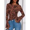 imagePRETTYGARDEN Women Long Sleeve Floral Mesh Tops Blouse 2026 Fall Trendy Boat Neck Ruched Spring Shirt Going Out Date OutfitsBrown