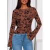 imagePRETTYGARDEN Women Long Sleeve Floral Mesh Tops Blouse 2026 Fall Trendy Boat Neck Ruched Spring Shirt Going Out Date OutfitsBrown