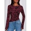 imagePRETTYGARDEN Women Long Sleeve Floral Mesh Tops Blouse 2026 Fall Trendy Boat Neck Ruched Spring Shirt Going Out Date OutfitsBurgundy