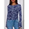 imagePRETTYGARDEN Women Long Sleeve Floral Mesh Tops Blouse 2026 Fall Trendy Boat Neck Ruched Spring Shirt Going Out Date OutfitsDusty Blue