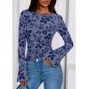 imagePRETTYGARDEN Women Long Sleeve Floral Mesh Tops Blouse 2026 Fall Trendy Boat Neck Ruched Spring Shirt Going Out Date OutfitsDusty Blue