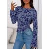 imagePRETTYGARDEN Women Long Sleeve Floral Mesh Tops Blouse 2026 Fall Trendy Boat Neck Ruched Spring Shirt Going Out Date OutfitsDusty Blue