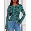 imagePRETTYGARDEN Women Long Sleeve Floral Mesh Tops Blouse 2026 Fall Trendy Boat Neck Ruched Spring Shirt Going Out Date OutfitsLake Blue