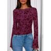 imagePRETTYGARDEN Women Long Sleeve Floral Mesh Tops Blouse 2026 Fall Trendy Boat Neck Ruched Spring Shirt Going Out Date OutfitsPurple Red