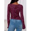 imagePRETTYGARDEN Women Long Sleeve Floral Mesh Tops Blouse 2026 Fall Trendy Boat Neck Ruched Spring Shirt Going Out Date OutfitsPurple Red