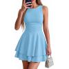 imagePRETTYGARDEN Womens 2026 Summer Mini Dress Sleeveless Ruched A Line Ruffle Flowy Short Cute Dresses Party Date Night OutfitsLight Blue