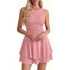 imagePRETTYGARDEN Womens 2026 Summer Mini Dress Sleeveless Ruched A Line Ruffle Flowy Short Cute Dresses Party Date Night OutfitsPink