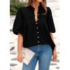 imagePRETTYGARDEN Womens 2026 Summer Short Lantern Sleeve Tops Loose Fit Button Down Shirt Pleated V Neck Blouses Trendy ClothesBlack