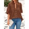 imagePRETTYGARDEN Womens 2026 Summer Short Lantern Sleeve Tops Loose Fit Button Down Shirt Pleated V Neck Blouses Trendy ClothesBrown