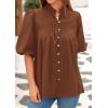 imagePRETTYGARDEN Womens 2026 Summer Short Lantern Sleeve Tops Loose Fit Button Down Shirt Pleated V Neck Blouses Trendy ClothesBrown