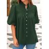 imagePRETTYGARDEN Womens 2026 Summer Short Lantern Sleeve Tops Loose Fit Button Down Shirt Pleated V Neck Blouses Trendy ClothesDark Green
