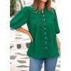 imagePRETTYGARDEN Womens 2026 Summer Short Lantern Sleeve Tops Loose Fit Button Down Shirt Pleated V Neck Blouses Trendy ClothesGreen